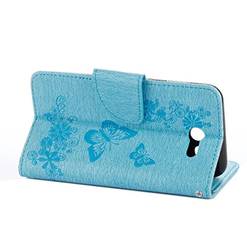 Galaxy J3 2017 Lederhülle,Samsung Galaxy J3 2017 Brieftasche,JAWSEU Vintage Retro Braun Schwarz Magnetverschluss Bookstyle Lanyard/Strap Kunstleder PU Leder Brieftasche Hülle Wallet Case Flip Cover Hü Blau Schmetterling