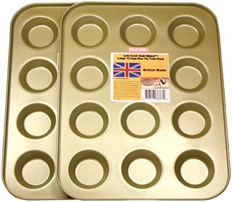 Large 12 Hole Mince Pie/Bun Tins, Set of Two, Twin Pack, British Made with Gold GlideX Non Stick by Lets Cook Cookware
