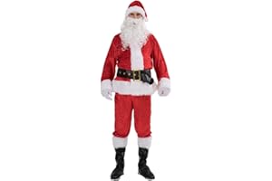 EraSpooky Men Christmas Santa Costumes Adult Xmas Claus 7pcs Flannel Classic Suit Fancy Dress Outfit Plus