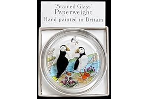 HENSITA Decorative Hand Painted Stained Glass Paperweight in a Puffins Design