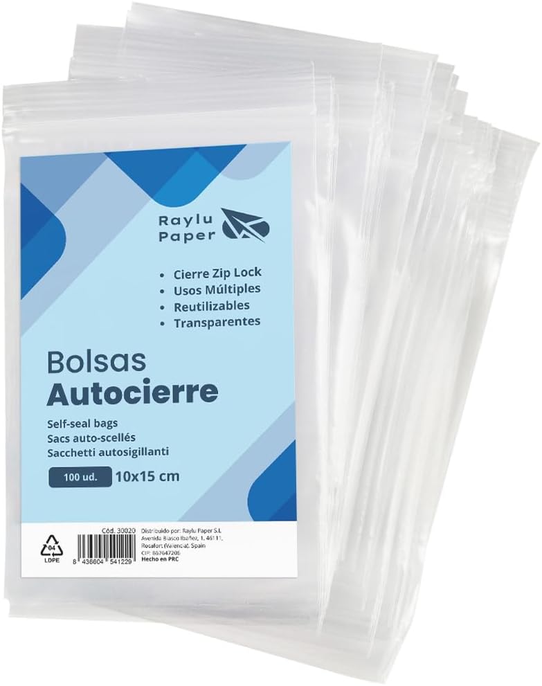 RAYLU PAPER - Bolsas Auto Cierre Zip, Pack de 100 Bolsas de Plástico Transparente Reutilizables, usos Múltiples, Hecho en Europa (10 x 15)