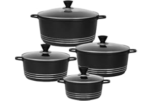Bargain Shack Die Cast Stockpot Set - Aluminium 4Pcs Non Stick Coating Cooking Pot -Induction Stock Pot with Tempered Glass Lid with Steam Vent (20-24- 28-32 cm) (4 Pcs, Black)