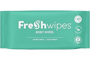 FreshWipes Antibacterial Body Wet Wipes For Adults 1 Pack (12 Wipes) - Ocean Fresh Scent - Extra Large Biodegradable - Dermatologically Tested & Suitable for Elderly or Disabled - Great for Camping
