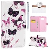Hülle für Samsung Galaxy S8 Plus,Galaxy S8 Plus Lederhülle,Galaxy S8 Plus Handyhülle Flip Wallet PU Lederhülle Magnetic Buckle Schutzhülle ,Felfy Ledercase Tasche Hüllen Brieftasche Bunte Gemalt Malerei Schmetterlinge Blumen Bär Feder Vögel Muster Frischer [PU Leder & Silikon Innenschale] Schutzhülle Tasche Schale Handy Etui Karten Slot Lederhülle für Samsung Galaxy S8 Plus [Lila Schmetterling] + 1x Silver Stylus+ 1x Bling Dust Plug [Farbe Random]