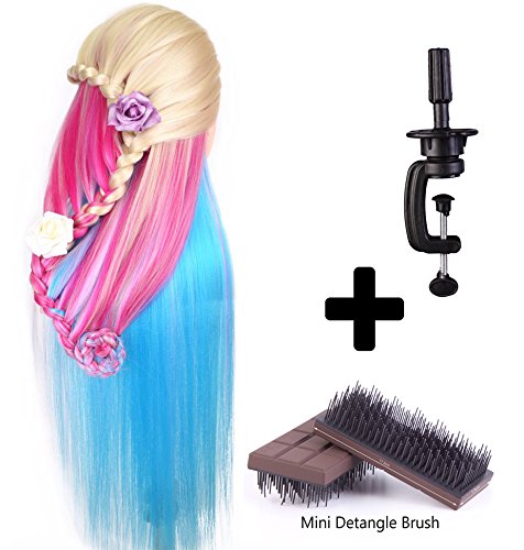 24" Cosmetology Mannequin Head 100% Synthetic Hair Rainbow Color, Practice Training Hair Styling Mannequin Head with Table Clamp Holder and Mini Detangling Brush (Blonde Series)