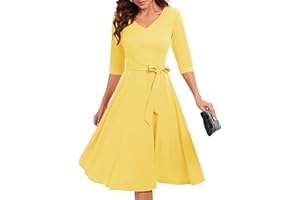 Bbonlinedress Robe Femme Mi Longue de Cocktail Soirée Bal Cérémonie Pin Up pour Fête Mariage Anniversaire avec Manches 3/4 Col V