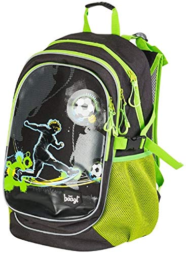 Preisvergleich Produktbild Baagl Fußball Kinderrucksack, Schulrucksack für Jungen mit ergonomisch geformter Rücken, Brustgurt und reflektierende Elemente (Schwarz / Grün) …