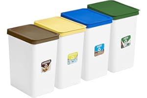 Dekohome Cubo de Basura para Cocina de Plástico Resistente, Pack Completo 4 Cubos, 28L, Cubos de Basura Reciclaje, Amarillo, Azul, Verde y Marrón