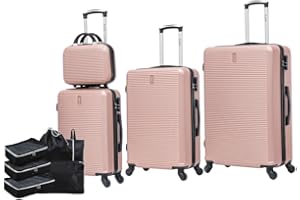 CELIMS - Juego de 4 Maletas Rígidas con Organizador de Viaje | Cabina + Mediana + Grande | 55x35x25 cm + 65 cm + 75 cm | Set de 4 Maletas | Oro Rosa