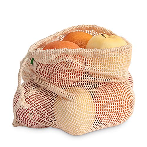 Asdomo, 9 sacchetti riutilizzabili per la produzione, in cotone organico resistente e lavabile, per la spesa e il trasporto di verdure, giocattoli, frutta (3 l, 3 m, 3 S), Cotone, Beige, small