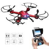 Drone Quadcopter, Potensic Hover Drone ESTABILIZACIÓN F181DH AMPLIADO Drone con Telecámara FPV 5.8GHz 4CH 6-Axis Gyro RC Quadcopter Drone con 2.0M HD Cámara Explorers Helicóptero Nano Drone con Modo Headless, Función 3D Flips - Rojo