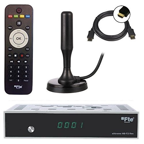 FTE HD-T2 DVB-T2 Receiver + 20 dB ANTENNE Full HD HEVC/ H.265 (HDTV, HDMI, SCART, USB 2.0) + 1,5m HDMI Kabel
