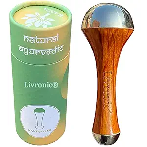 Livronic Face Acupoint Kansa Wand Massager (Bronze Size: 4.5 Cm) With Teak Wood Handle For Detoxification And Deep Relaxation 2 in 1 (Large) face, body and foot massager (NATURAL KANSA 2 IN 1)