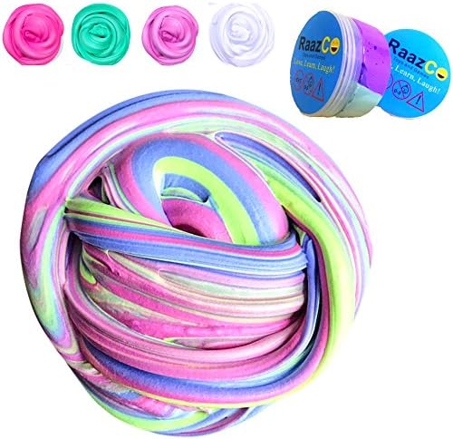 RaazCo Fluffy Slime - Multicoloured Cheap Rainbow 4 in Green, Purple, Blue, Pink - Prime, Stretchy &amp; Scented Play Dough - Non Sticky Squishy for Kids and Adults - Storage Container Pot Included