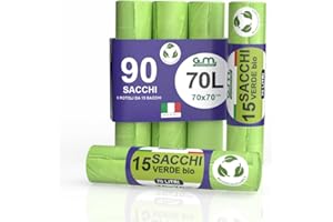 G.M. DISTRIBUZIONE GM 90 Sacchi Spazzatura Verdi 70x70 cm Biodegradabili x Umido, Resistenti, 70 litri, Sacchetti Bio Compostabili x Ristoranti, Buste Immondizia per Rifiuti Organici, 6 Rotoli da 15 buste immondizia