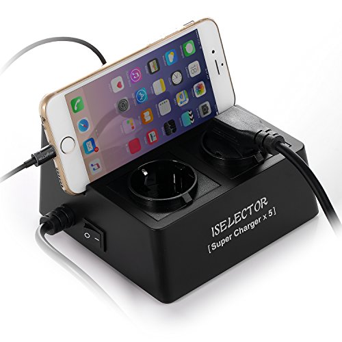 ISELECTOR Schaltbare 2 Fach Steckdosenleiste Mehrfachsteckdosen mit 5 USB Anschlüsse und 1700J Überspanungsschutz 2500W/10A schwarz - 6
