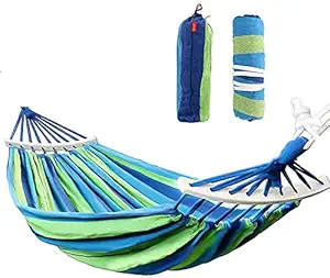 Baskety Cotton Fabric Canvas Travel Hammocks Light Camping Hammock Portable Beach Swing Bed with Hardwood Spreader Bar Tree Hanging Outdoor Indoor (280 x 100 cm(Wooden Strip), Blue)