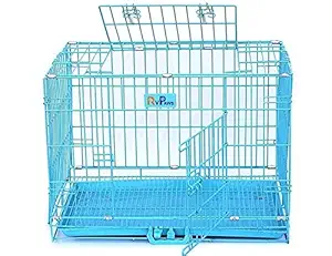 Pups&Pets Heavy Duty Double-Door Folding Metal Dog Cage for Small Dog, Cat, Puppy, Rabbit (61x43x50CM) Blue Color