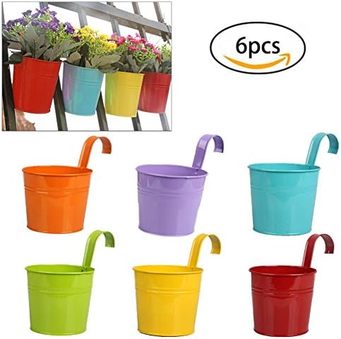 Homelover 6Pack Metal Flower Pots, Garden Pots Hanging Buckets Planter with Detachable Hook for Balcony Home Garden Décor,Large Size,Random Color