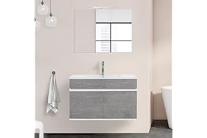 INBAGNO Mobile Bagno sospeso con lavabo in Ceramica e Specchio, cassetti e Ante a Chiusura rallentata, 3 colorazioni Disponibili (90 cm 2 Ante, Grigio Cemento)