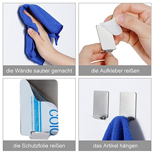 Rovtop 10 Stück selbstklebend Haken Wasserdichte 304 Edelstahl Haken für Küche Badetücher etc. Silber - 5