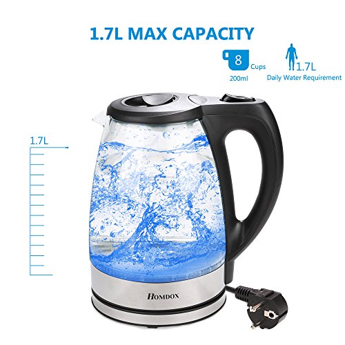 Homdox Wasserkocher Glas Edelstahl Blaue LED Beleuchtung 1,7 Liter, 2200 Watt Maximal, Elektrische Wasserkessel Automatische Abschaltung - 4