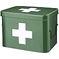 Flexzion First Aid Box Organizer, Empty 8.5 Inch Green Vintage First Aid Kit Tin Metal Medical Box First Aid Storage Box Container Bins with Dividers, Removable Tray and Cross Logo
