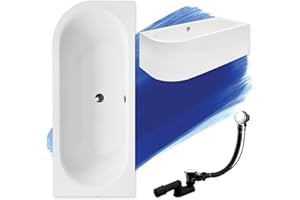 BAD LAND BADLAND Baignoire originale 180 x 80 cm droite en acrylique Kit complet avec tablier, siphon, baignoire d'angle, baignoire d'angle, design moderne, bonde chromée, pour 2 personnes, fabriqué en UE, 4