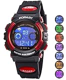 Kinder-Armbanduhr, LED, Sport, 30 m, wasserdicht, multifunktional, digital, Geschenk für Jungen und Mädchen, Schwarz/Rot