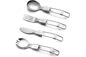 YOHENSQIN 4 PCS Foldable Spork Spoon Fork Knife Stainless Steel Camping Cutlery Set Reusable Portable Tableware for Business Trip Travel Outdoor Picnic Hiking Fishing