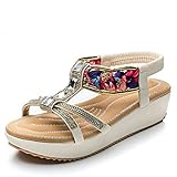Laufsohle Material: EVA YOPAIYA Bohemian Sandalen Damen Sommer Flach,Weiß Handcrafted Böhmen - Wie Kristalle Streifen Frauen Eingewickelt Keil Sandale Schuhe Ft. Komfort Statching Lammfell-Fu- Bett, 39