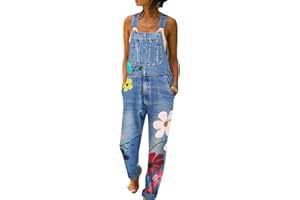HANMAX Damen Denim Jeans Latzhose Langer Overall Blumen Jeansoptik Klasse Vintage Jeans Lang Lässig Baggy Boyfriend Stylisch Jumpsuit Hüftjeans