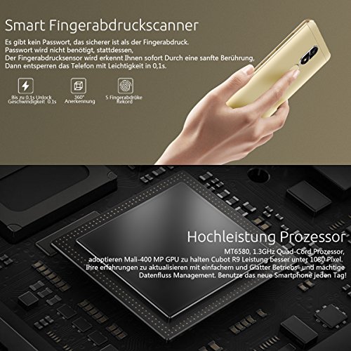 Cubot R9 (2017) Andriod 7.0 Nougat Smartphone 2GB RAM, 5.0 Inch Touch-Display Handy Ohne Vertrag mit Fingerprintsensor, Micro-Sim und Nano-Sim (Gold)