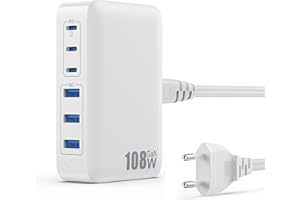 PXWAXPY 108W Chargeur USB C Multiple, 6 Ports GaN III Tech Chargeur Rapide Prise Station de Charge avec 3 PD & 3 QC Multiprise USB Station pour iPhone 16/15 Airpod iPad Huawei Sumsung Switch etc