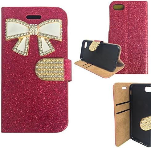 Apple iPhone 7 Plus Case, Madan New Fancy Bow Designer Diamond Bling Glitter Book Diary Wallet Magnetic Flip Case Cover For Apple iPhone 7 Plus With Sparkles Stones, Card Slots &amp; Stand (Pink)
