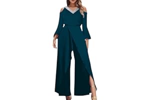 Duohropke Mono elegante con purpurina para mujer, tallas grandes, traje de pantalón festivo, largo, cuello en V, una pieza, boda, invitado, fiesta, mameluco, pierna ancha, pantalones con abertura