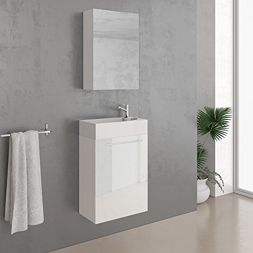 Badmöbel Set 45cm Weiß Hochglanz – MDF Waschtisch + Waschbecken + Spiegelschrank - 6
