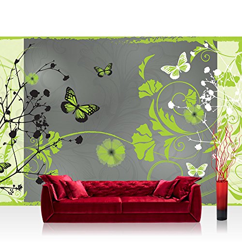 Fototapete 368x254 cm PREMIUM Wand Foto Tapete Wand Bild Papiertapete - Ornamente Tapete Blume Blüte Blätter Schmetterling Ranke grün - no. 2946