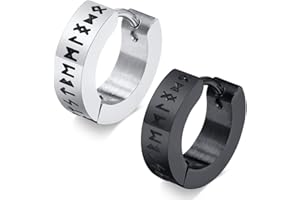 PSOWQ Uomo Donna Orecchini Cerchio di Rune Vichinghe Rune Celtiche Orecchini Cerchio, orecchini a perno da uomo con rune nordico dell'anziano Futhark, placcato 1paio - nero+argento