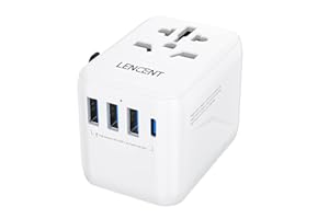 LENCENT Adattatore Universale da Viaggio, Adattatore Spina USA EU UK AUS, Caricatore Internazionale con 3 USB e 1 USB-C per Cellulari Laptop, Tutto in Uno Adattatore Spina per Oltre 200 Paesi -Bianco