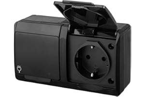 asvendo Elektro HERMES - Interruptor de luz, interruptor doble, enchufe múltiple, protección IP44, resistente al agua, para exteriores, color negro