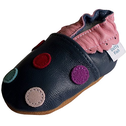 Soft Leather Baby girl Shoes with Suede Soles by Dotty Fish Navy Multi Coloured Spotty design - 6-12 months