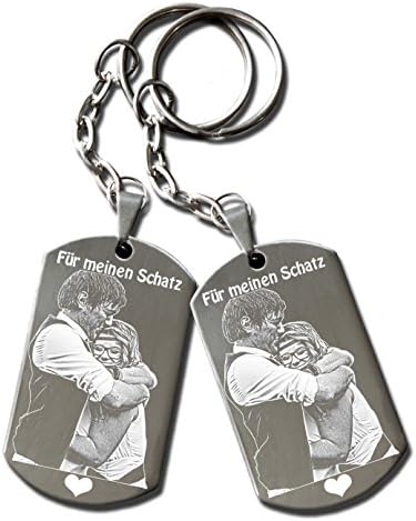 2 Partner Key Fob with Photo and Customised Engraving - Individually Customisable - 2x Dog Tags - Approximately 50x28mm - Stainless Steel - Engraved - Perfect Gift for Different Occasions and Loved Ones