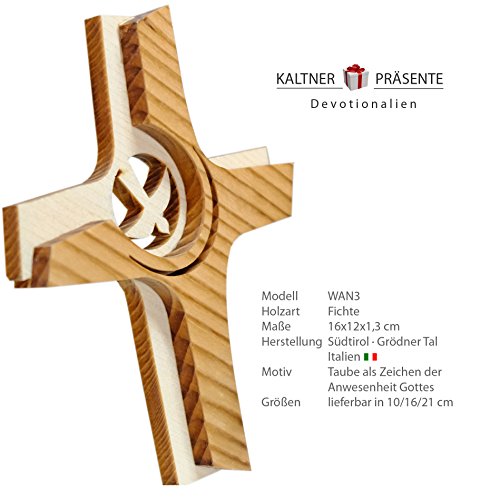 Kaltner Präsente Geschenkidee – Wandkreuz Echtes Holz Kreuz Fichte Kruzifix mit Taube für die Wand 16 cm modern gefertigt im Grödner Tal Südtirol - 3