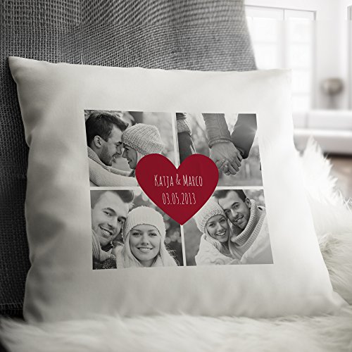Personello® Fotokissen mit 4 Fotos (gratis schwarz-weiss Umwandlung), Datum und Namen im Herz personalisierbar, Fotogeschenk, mit Füllung, Geschenk zum Jahrestag, Geschenk für Freund - 2