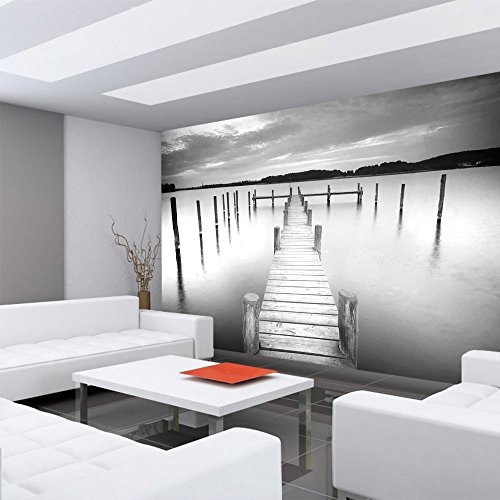 Fototapete 254×184 cm PREMIUM Wand Foto Tapete Wand Bild Papiertapete – Wasser Tapete Steg Wasser See Holz Himmel schwarz weiß – no. 3009 - 6
