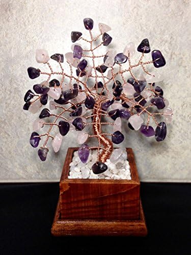 Amethyst and Rose Quartz Crystal Gemstone Bonsai Tree Of Life,Feng Shui, Wire Art Décor, Healing Gemstone Wire Tree Sculpture In Wood Pot, February Birthstone