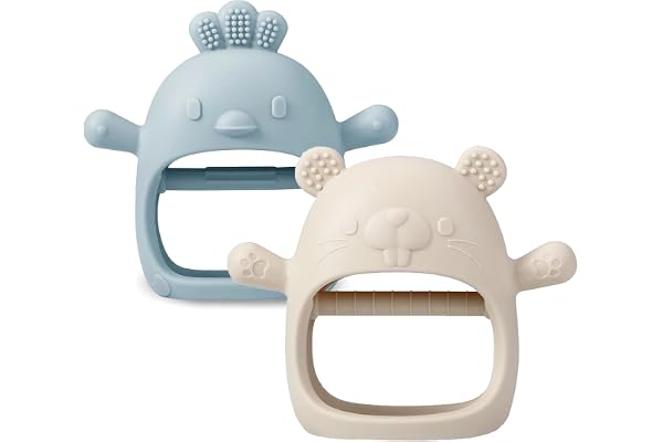 PandaEar Lot de 2 Jouets de Dentition en Silicone pour Bébé | Gant de Dentition pour Bébé pour Succion | Jouets de Dentition pour Bébé Sucette à Mâcher pour Soulager les Douleurs (Blanc/Bleu)
