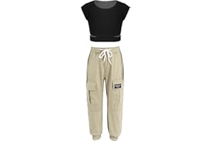 TiaoBug Survêtement Enfant Fille Ensemble de Sport Crop Top à Manches Courtes et Cargo Pantalon Jogging Danse Hip-hop Casual Sportswear 6-14 Ans
