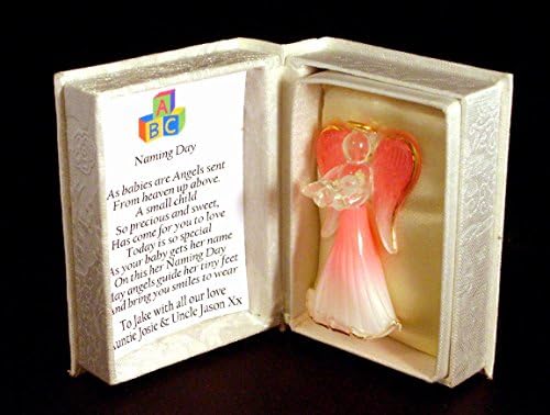 Naming Day Personalised Gift for a baby girl, crystal glass pink angel gilded in 22KT Gold in poem box with own message